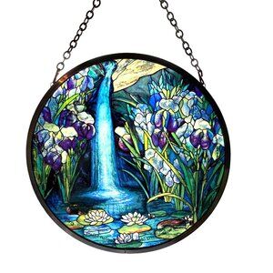 Signed Louis C Tiffany 1989 Toronto Stained Glass Suncatcher Waterfall Iris